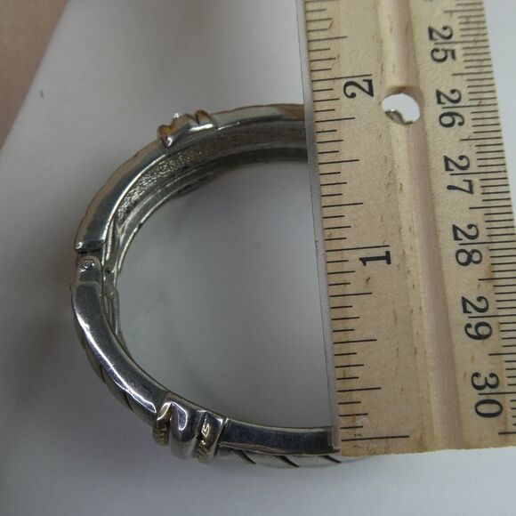 Two Tone Gold Silver Hinged Bangle Bracelet Clear Rhinestone Detailed Solid - Picture 7 of 8